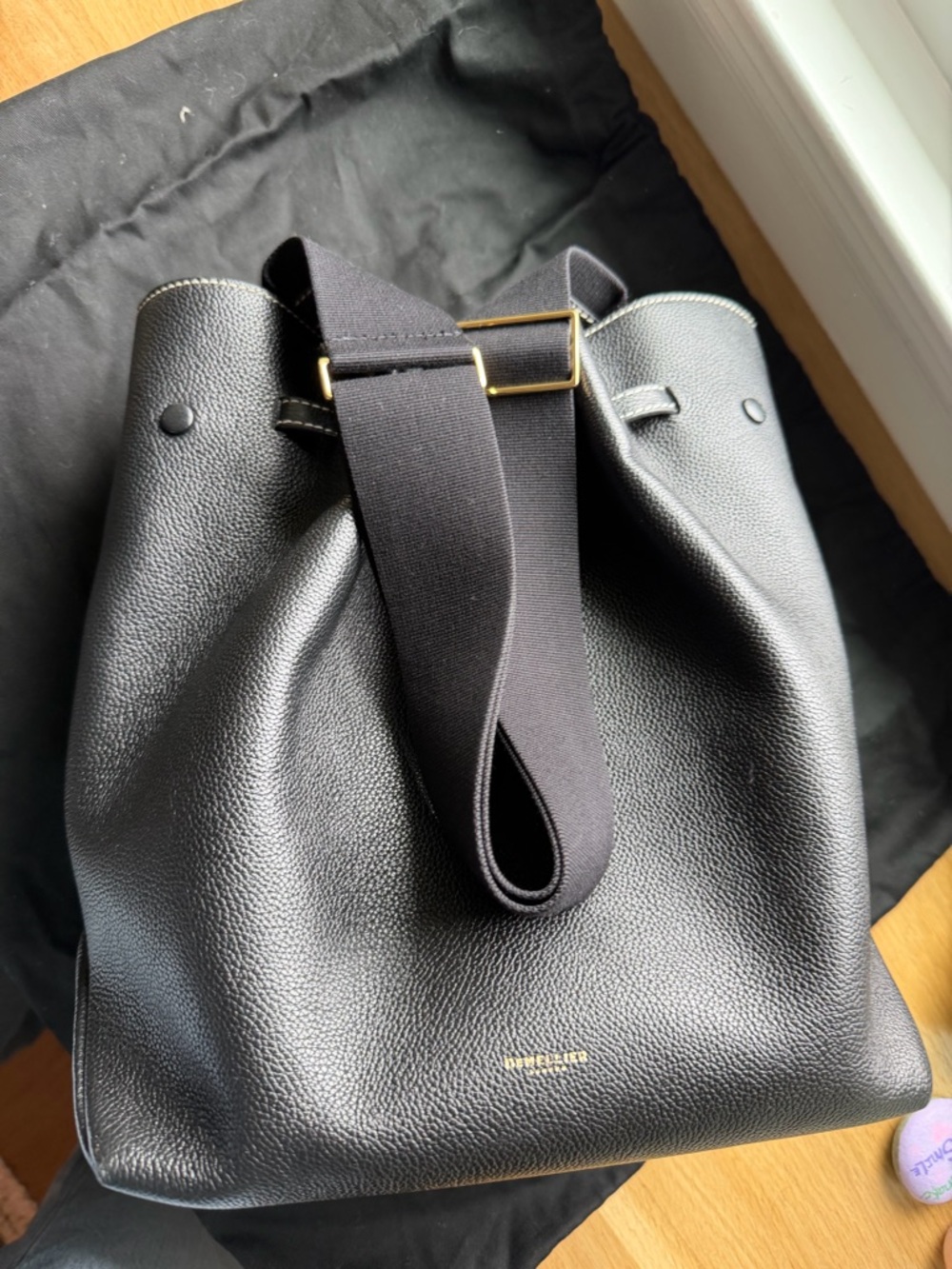 DeMellier Black Large Leather Bucket Bag with Gold Hardware and Crossbody Strap. - Picture 2 of 5